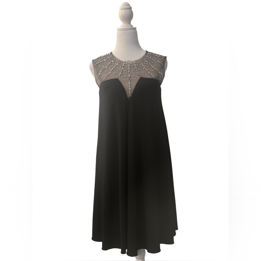 🖤Betsy & Adam Black Sleeveless Midi W/Elegant Netted Silhouette & Rhinestones